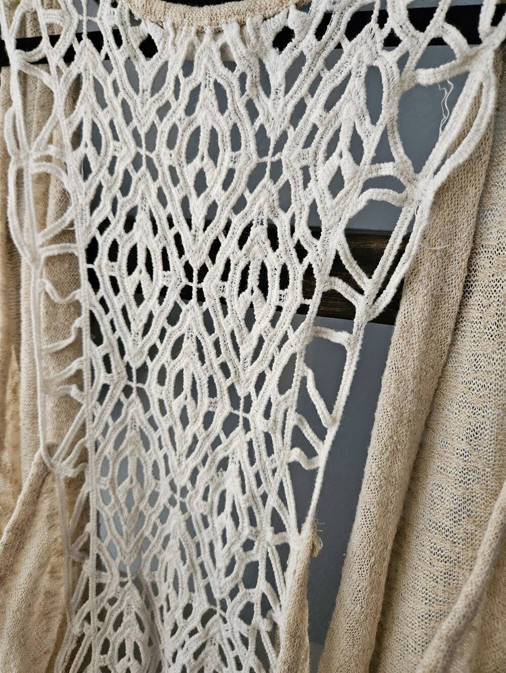 Beige Crochet Back Open Front Duster Vest Size L-XL - Picture 5 of 7